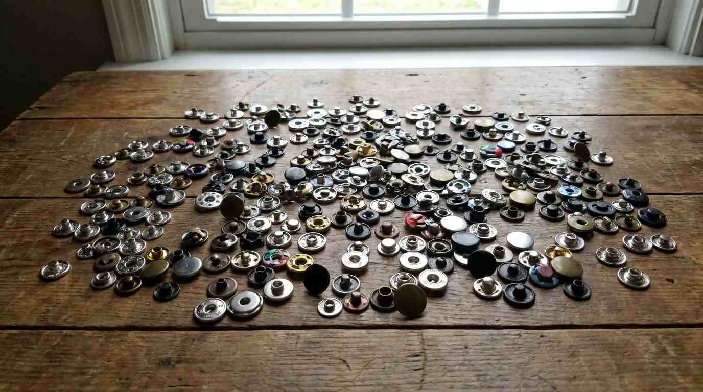 press studs for leather, Press studs for leather in multiple sizes and metal finishes are grouped together on a wooden table.
